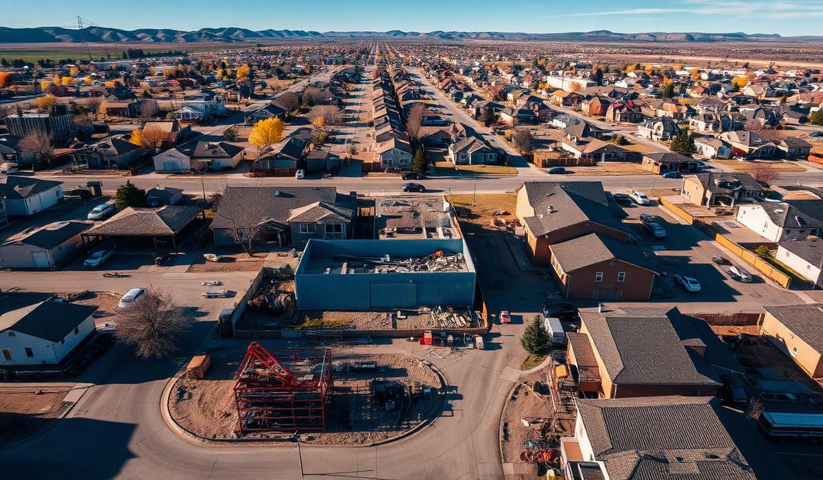 Aerial view of a Colorado neighborhood with a construction site and dumpsters